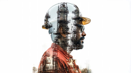 A silhouette of an engineer in a hard hat stands before industrial buildings, merging design and construction in a striking double exposure.の素材