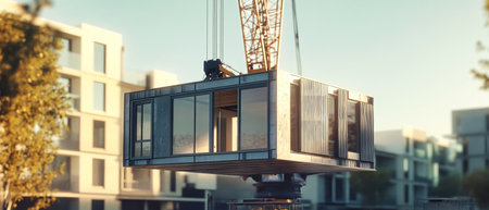A crane lifts a sleek modular house unit into place atop a contemporary apartment building during daylight, showcasing innovative design.の素材