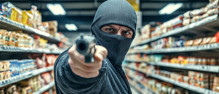 A balaclava-clad man threatens customers with a gun during a robbery in a grocery store aisle filled with products.の素材