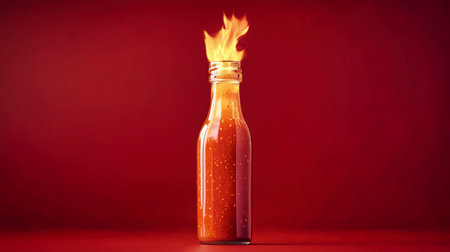 A sleek glass bottle filled with hot sauce features a flame on top, set against a vibrant red backdrop, perfect for adding spice to any setting.の素材