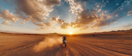 A motocross racer navigates the expansive desert terrain during sunset, capturing the essence of adventure with dust clouds swirling behind.の素材