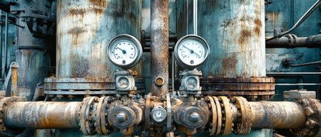 A detailed focus on the pressure gauge of an industrial vessel, showcasing its texture and construction in a rustic environment.の素材