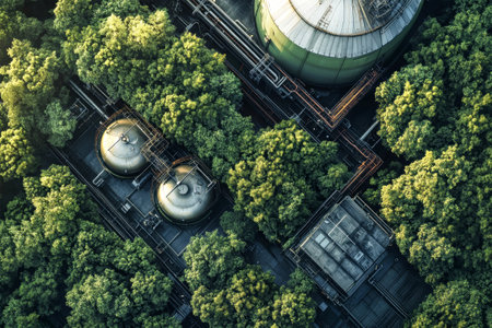 An aerial view showcases a green energy facility amidst vibrant trees, highlighting sustainability and innovation.の素材