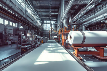 Inside a bustling printing house, large rolls of white paper await processing while machines and conveyor belts operate efficiently in bright light.の素材