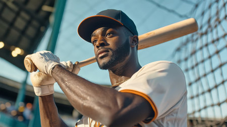 A baseball player stands ready to swing, displaying intense focus and athleticism in a vibrant stadium setting.の素材