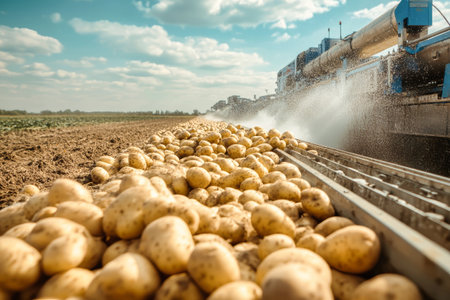 A large machine cleans freshly harvested potatoes under a clear blue sky, showcasing the vibrant fields of agriculture.の素材