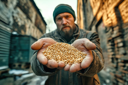 Warm sunlight illuminates a peasant holding golden wheat grains, symbolizing the hard work and connection to the land in a rustic setting.の素材