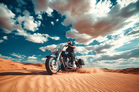 In the warm glow of sunset, a man glides through vast desert sand, his motorcycle kicking up dust against striking skies of blue and orange.の素材
