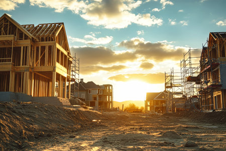 New construction of family houses takes place at sunset, showcasing scaffolding and a glowing sky in the background.の素材