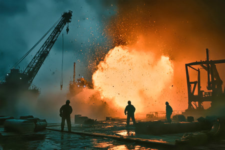 Workers respond to a drilling rig explosion at dusk, creating a striking and perilous scene.の素材