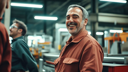 Middle-aged engineers enjoy a lighthearted moment on the production line, fostering a positive workplace atmosphere.の素材
