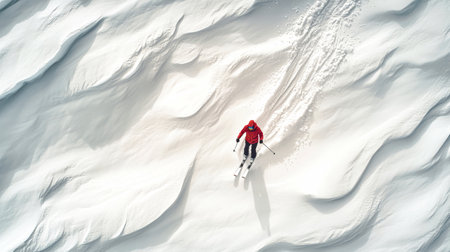 A skier, clad in a vibrant red jacket, gracefully moves across untouched powder, leaving captivating trails in the snow.の素材