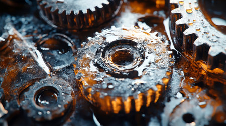 Close-up of shiny, oil-covered gears showcasing the beauty of industrial mechanics and reflecting light in stunning detail.の素材