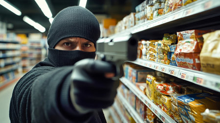 A masked man threatens with a gun while robbing a grocery store, focusing on the tense moment of the crime.の素材