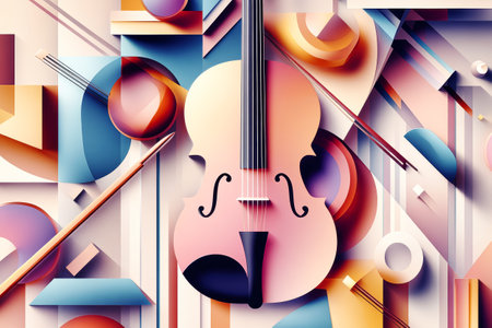 This artwork showcases a vibrant mix of a guitar and violin amidst geometric shapes in a retro-inspired color palette.の素材