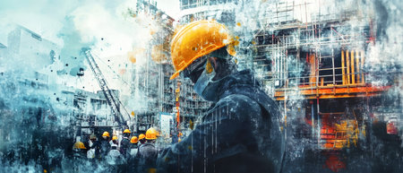 Construction professionals in hard hats engage on-site, merging artistic elements with their dedication to urban development and teamwork.の素材