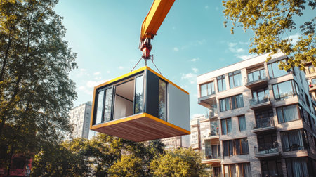A small, sleek modular house is hoisted by a crane against a backdrop of glass apartment buildings on a bright summer day.の素材