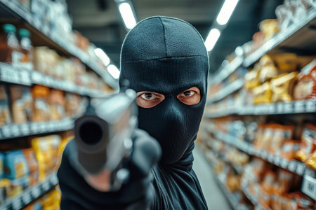 A masked man threatens with a gun in a grocery store, showcasing a tense moment in an everyday setting filled with products.の素材