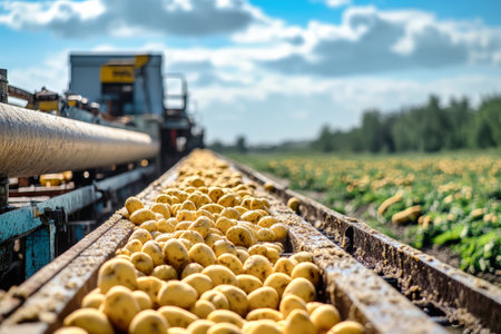 Yellow potatoes are being washed on an industrial machine against a backdrop of lush fields and a bright blue sky.の素材