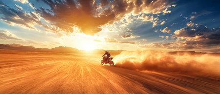 Motorcycle racer speeds through the desert at sunset, kicking up dust as colorful clouds light up the sky in a breathtaking display.の素材