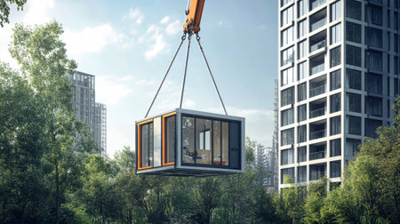 A sleek modular house is being delicately lifted by a crane, showcasing a modern architectural style against an urban backdrop.の素材