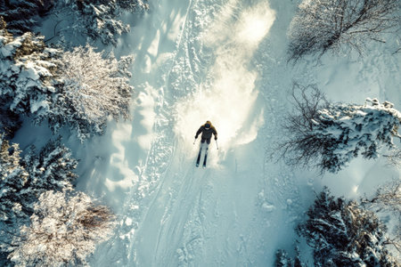 A skier gracefully navigates a snowy slope, gliding through a winter wonderland under the bright mountain sky.の素材