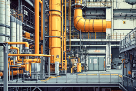 The factory showcases vibrant orange pipes and yellow walls against gray steel, exemplifying modern industrial design.の素材