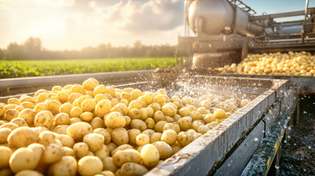 Freshly washed yellow potatoes are being processed in a factory, splashing water under the bright sun with a green field in view.の素材