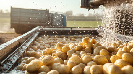 Potatoes are being mixed and washed in a factory, with crates and a trailer present against a sunny field backdrop.の素材