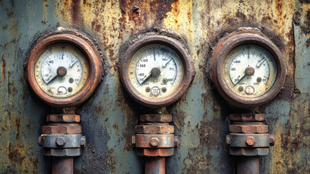 Close-up of aged pressure gauges on pipes showing intricate details in an industrial environment with a rustic feel.の素材