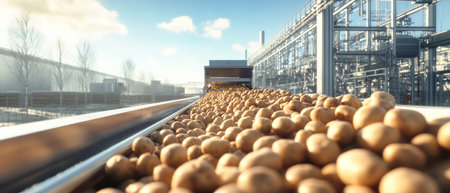 Workers are loading fresh potatoes onto a conveyor belt in a bustling processing factory on a sunny day.の素材