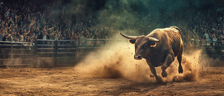 A powerful bull charges through a dusty arena, captivating an excited crowd with its energy and movement at night.の素材