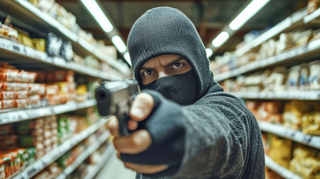A young man in a balaclava threatens shoppers with a gun in a tense grocery store standoff.の素材