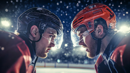 Two fierce hockey players confront each other, showing their determination and intensity on the ice in a vibrant arena atmosphere.の素材
