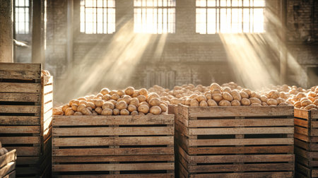 Golden sunbeams stream across a rustic warehouse, highlighting crates brimming with freshly harvested potatoes, evoking a cozy ambiance.の素材