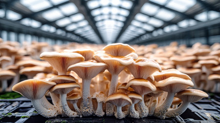 Oyster mushrooms flourish in a warm, bright indoor farm, highlighting their textures and colors against an industrial backdrop.の素材