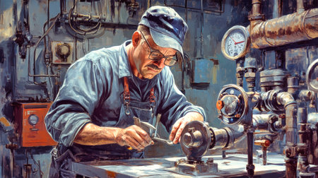 In a busy workshop, a skilled plumber on pipes, surrounded by tools and machinery in a creative setting.の素材