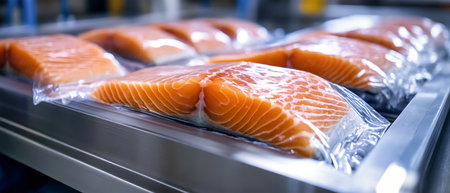 Fresh salmon fillets are neatly packaged in vacuum bags, lined up on a conveyor belt in a pristine, modern food production environment, showing quality and hygiene.の素材