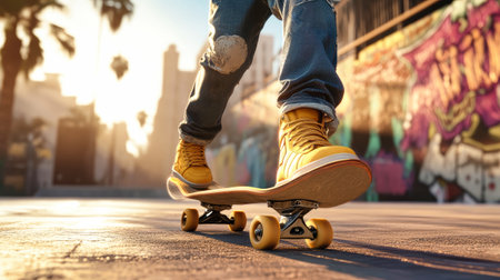 Skateboarder in striking yellow boots performs a kickflip against a backdrop of colorful graffiti during the enchanting golden hour.の素材