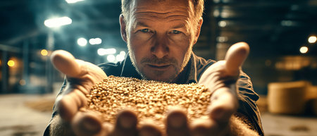 Hands full of golden wheat grains reflect the hard work of the rural harvest as workers prepare in a large, bright warehouse.の素材