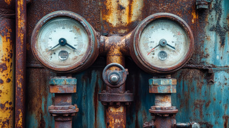 Detailed pressure gauges mounted on weathered pipes reflect the character of industrial equipment in a monochromatic setting.の素材