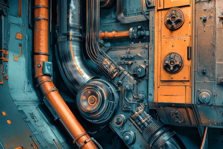 This detailed portrayal highlights complex engine mechanisms, featuring intricate pipes, wires, and vibrant colors against a dark backdrop.の素材