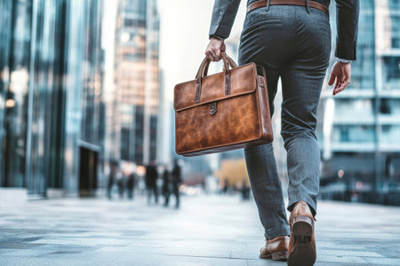 A man strides confidently along a busy city street, holding a sleek brown leather briefcase, embodying modern professional style and urban sophistication.の素材