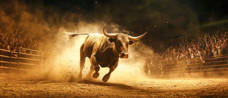 A bull charges through an arena filled with dust while crowds cheer under a starry night sky.の素材
