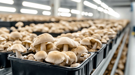 Fresh mushrooms thrive in black plastic boxes in a bright indoor farm, showing innovative farming techniques.の素材