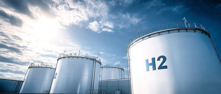 Several gleaming hydrogen storage tanks are illuminated by sunlight against a vivid blue sky, showcasing industrial efficiency.の素材