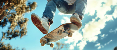 A young man in jeans and a white shirt impresses with his skateboarding tricks above the park under bright skies.の素材