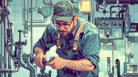 A dedicated plumber arranges his tools in a colorful, rustic office filled with pipes, showcasing his craftsmanship.の素材