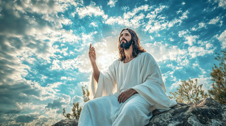 In a serene moment, Jesus Christ sits on a rock, dressed in a flowing white robe, raising his hand towards the heavens, surrounded by a radiant holy light.の素材