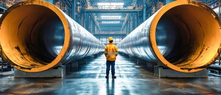 A dedicated worker wearing protective gear stands before expansive steel pipes in a factory environment, immersed in a world of industry and craftsmanship.の素材